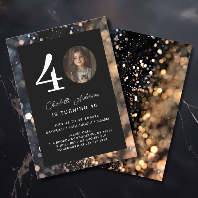 Modern, Black, Gold, Glitter, Photo, 40. Birthday  Invitation (Modern, Black, Gold, Glitter, Photo, 40. Birthday Invitation)