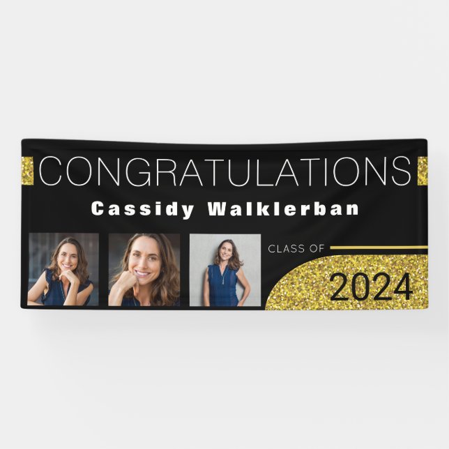 Modern Black Gold Glitter Photo Graduation Banner (Horizontal)