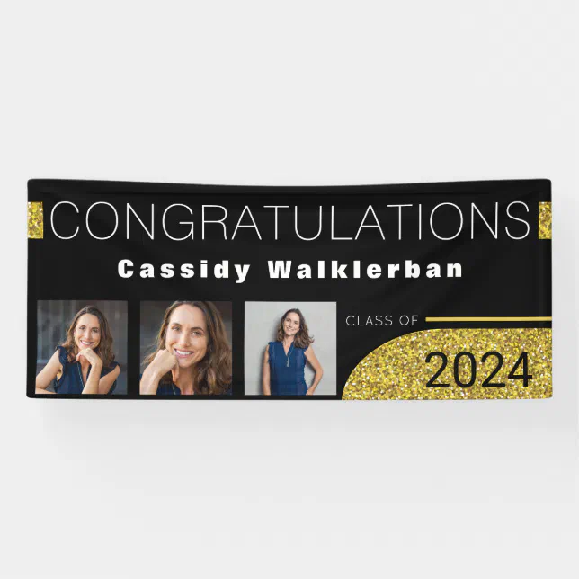 Modern Black Gold Glitter Photo Graduation Banner | Zazzle