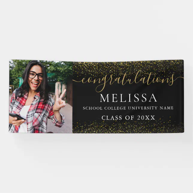 Modern Black Gold Glitter Photo Graduation Banner | Zazzle
