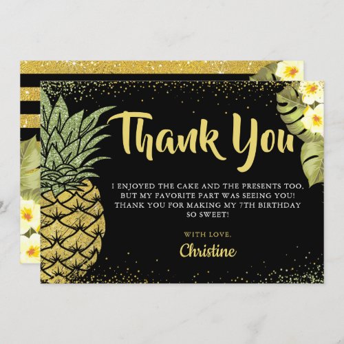 Modern Black Gold Glitter Pineapple Floral Thank You Card