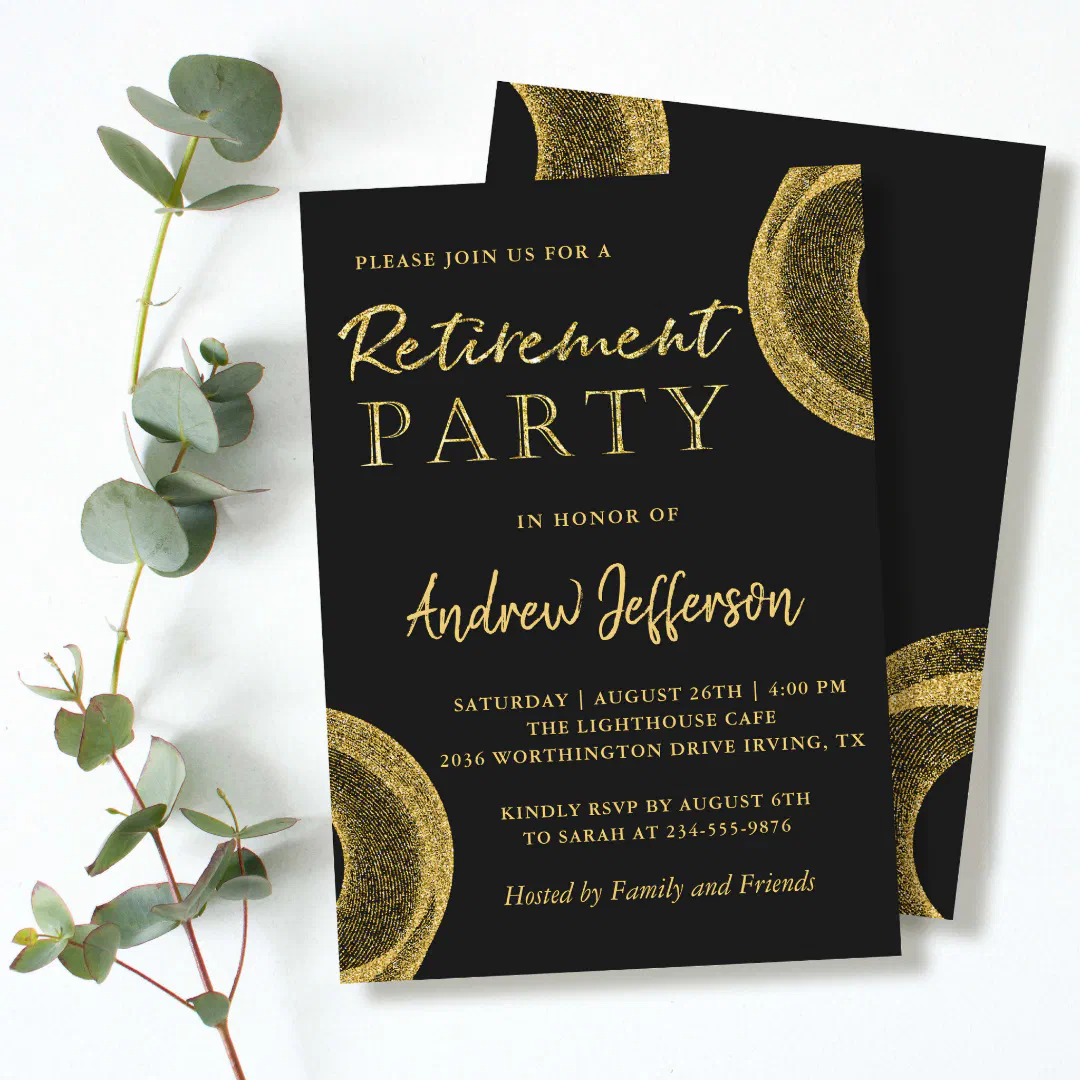 Modern Black Gold Glitter Retirement Party Invite (Creator Uploaded)