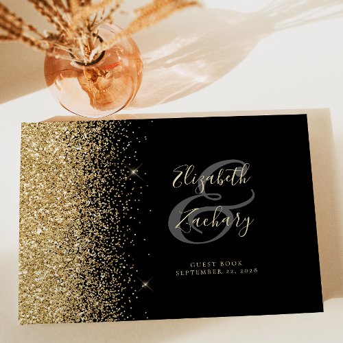 Modern Black Gold Glitter Script Guest Book