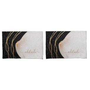 Modern Black Gold Glitter Script Monogram Name Pillow Case