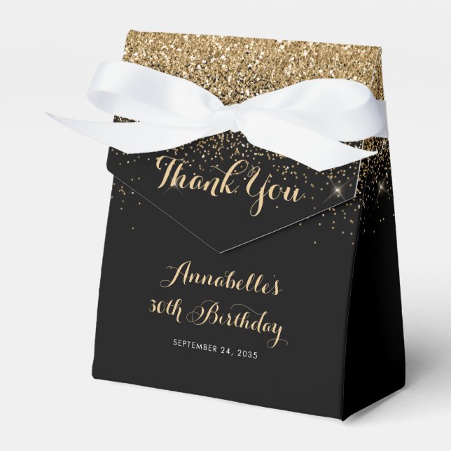 Modern Black Gold Glitter Sparkle Any Age Birthday Favor Boxes (Front Side)