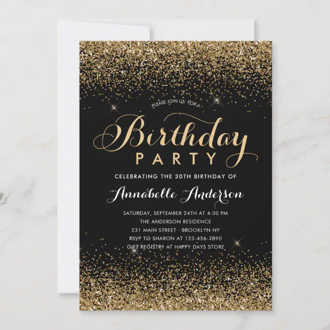 Modern Black Gold Glitter Sparkle Any Age Birthday Invitation | Zazzle