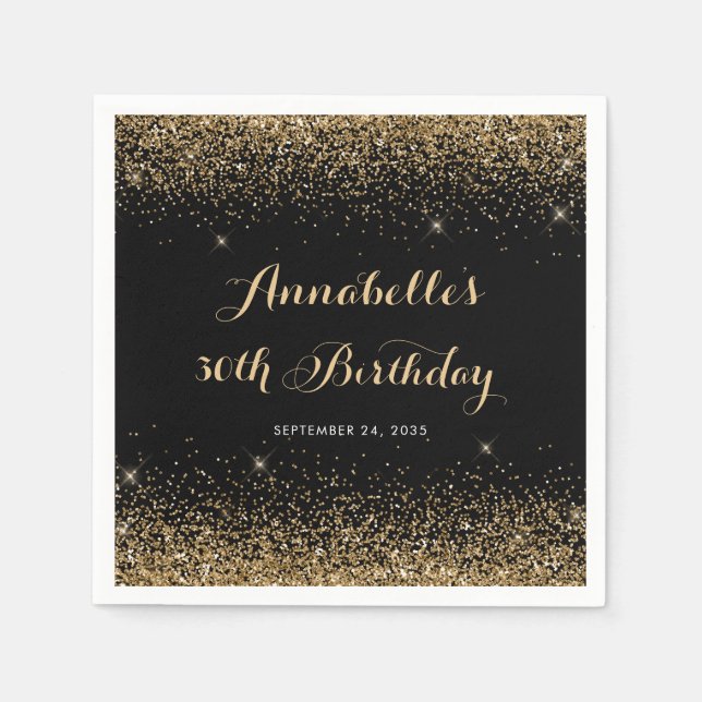 Modern Black Gold Glitter Sparkle Any Age Birthday Napkins (Front)