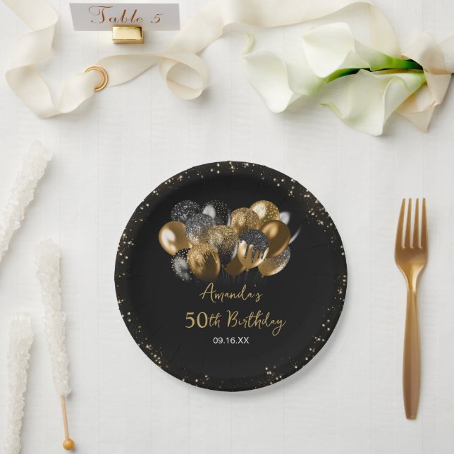 Modern Black Gold Glitter Sparkle Any Age Birthday Paper Plates (Wedding)