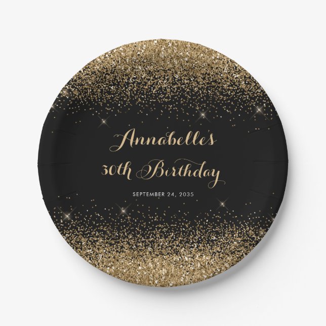 Modern Black Gold Glitter Sparkle Any Age Birthday Paper Plates (Front)