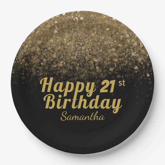 Modern Black & Gold Glitter Sparkle Birthday Paper Paper Plates (Front)