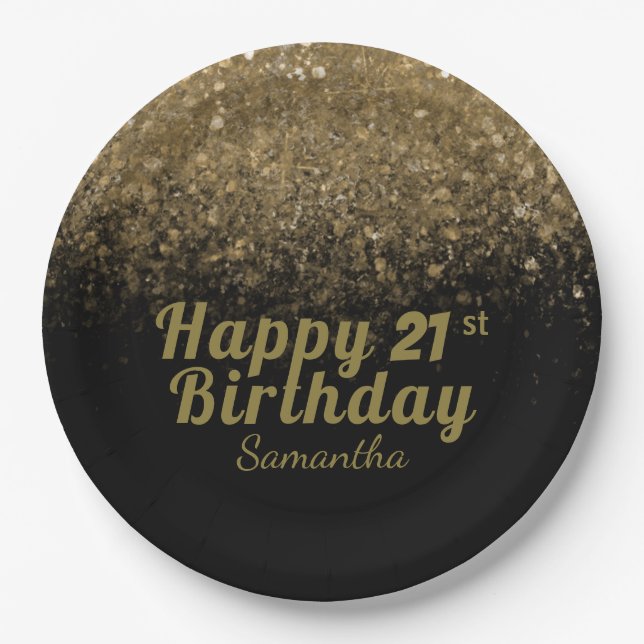 Modern Black & Gold Glitter Sparkle Birthday Paper Plates (Front)