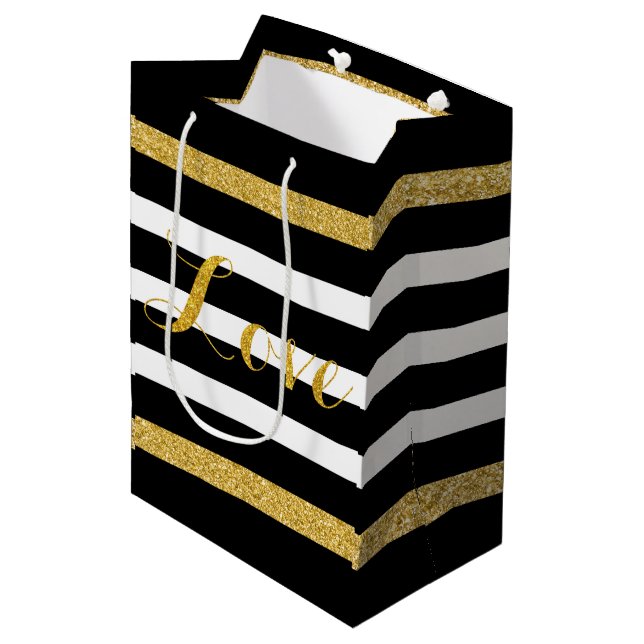 Modern Black & Gold Glitter Stripes Medium Gift Bag (Front Angled)