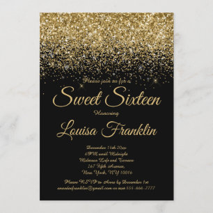 Modern Black & Gold Glitter Sweet 16 Invitation