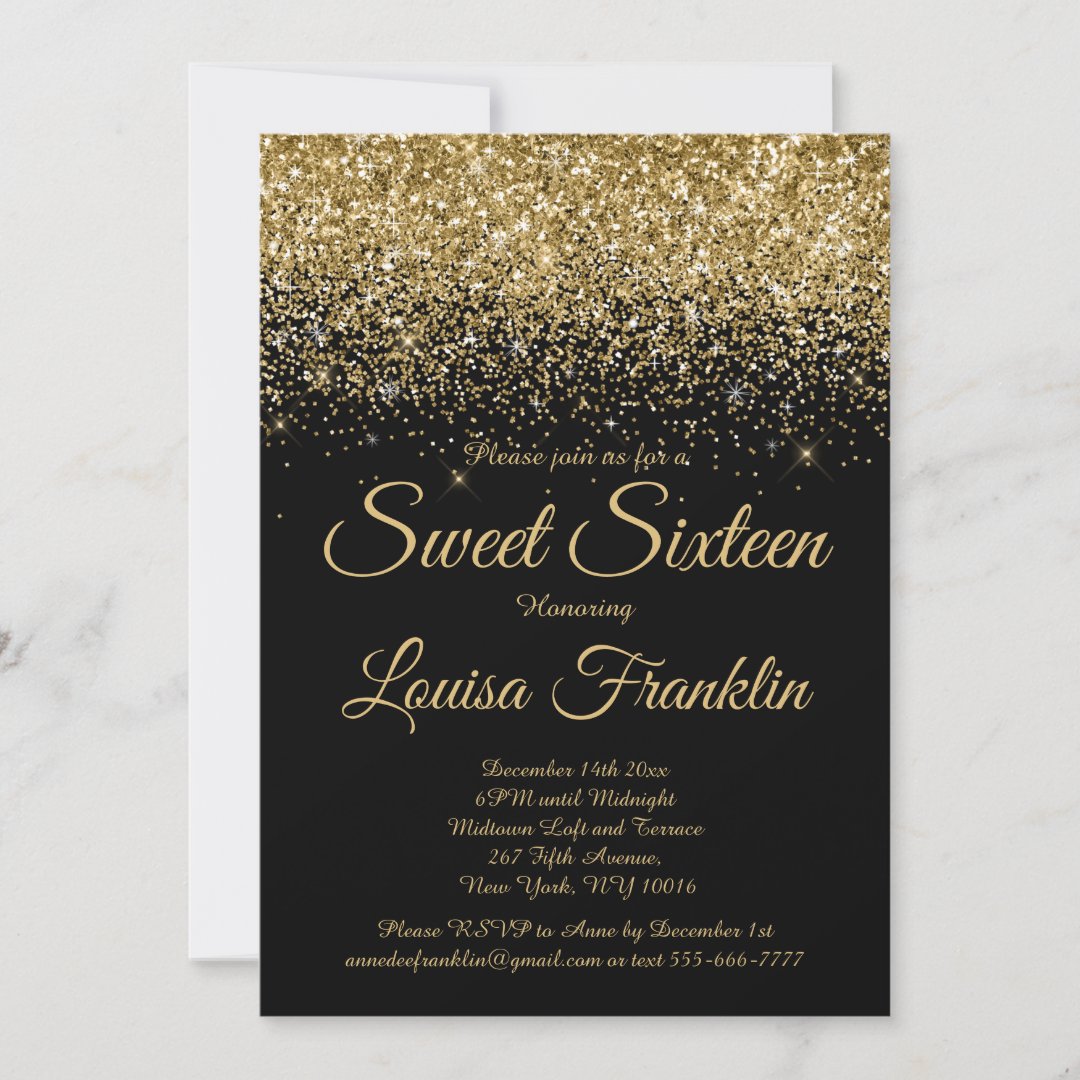 Modern Black & Gold Glitter Sweet 16 Invitation | Zazzle