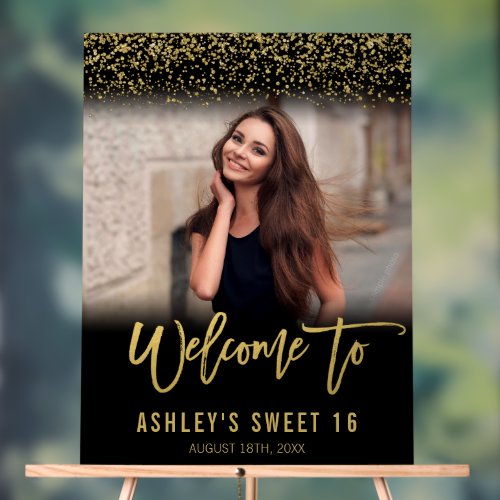 Modern Black Gold Glitter Sweet 16 Photo Welcome Acrylic Sign