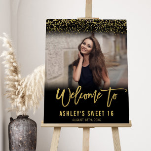 Modern Black Gold Glitter Sweet 16 Photo Welcome Foam Board