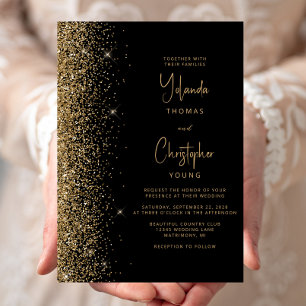 Modern Black Gold Glitter Trendy Wedding Invitation