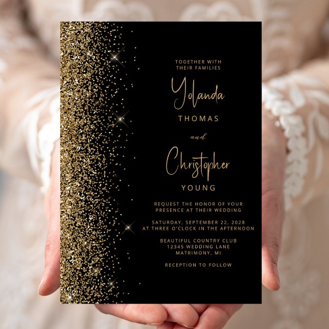 Modern Black Gold Glitter Trendy Wedding Invitation (Creator Uploaded)