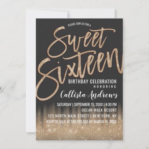 Modern Black Gold Glitter Typography Sweet 16 Invitation