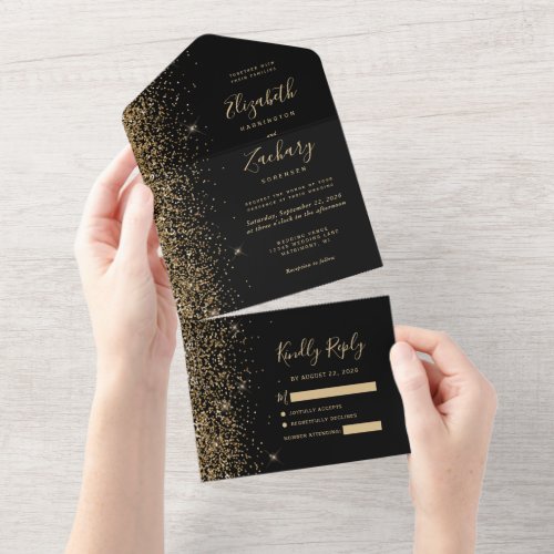 Modern Black Gold Glitter Wedding All In One Invitation