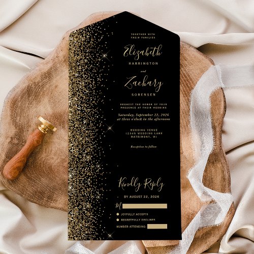 Modern Black Gold Glitter Wedding All In One Invitation