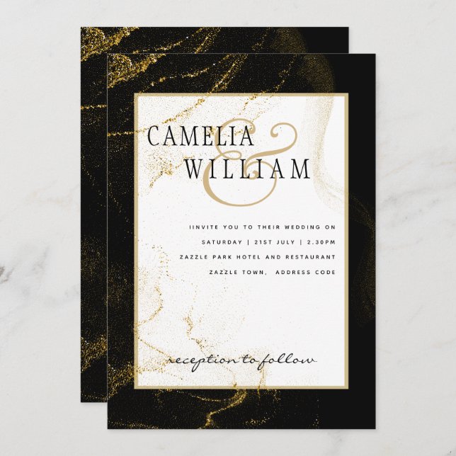 Modern Black Gold Glitter Wedding Invitation (Front/Back)