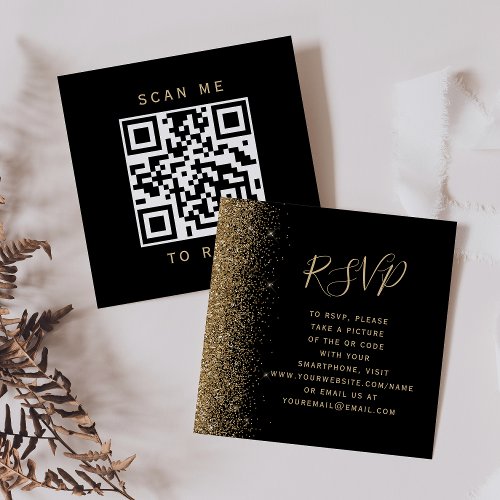 Modern Black Gold Glitter Wedding QR Code RSVP Enclosure Card