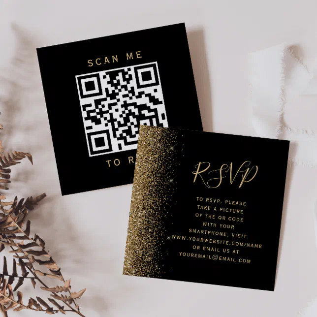 Modern Black Gold Glitter Wedding QR Code RSVP Enclosure Card | Zazzle