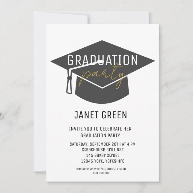 Modern Black Gold Grad Cap Tassel Graduation Party Invitation (Front)