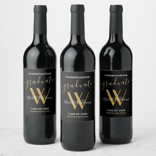 Modern Black Gold Graduate Monogram Name Script Wine Label