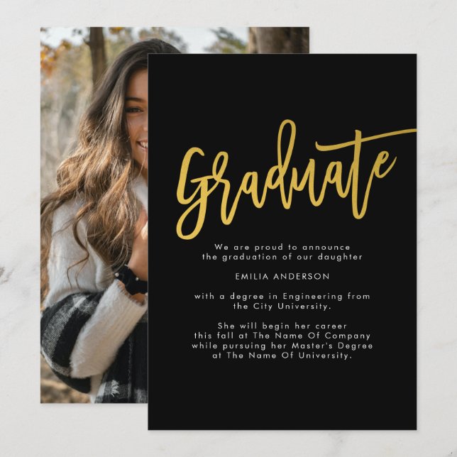 Modern Black Gold Graduate Photo  Announcement (Front/Back)