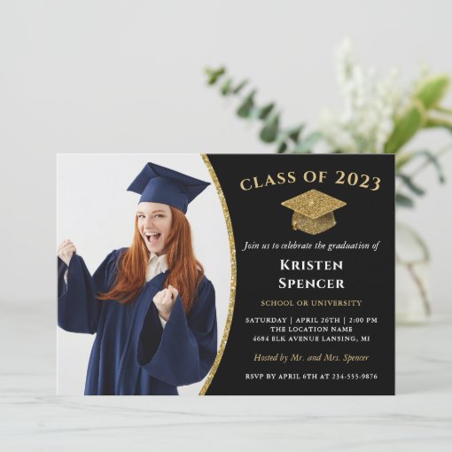 Modern Black Gold Graduate Photo Graduation Invitation | Zazzle