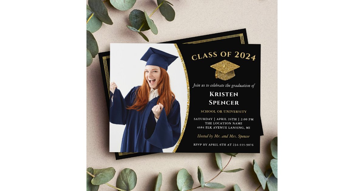 Modern Black Gold Graduate Photo Graduation Invitation | Zazzle