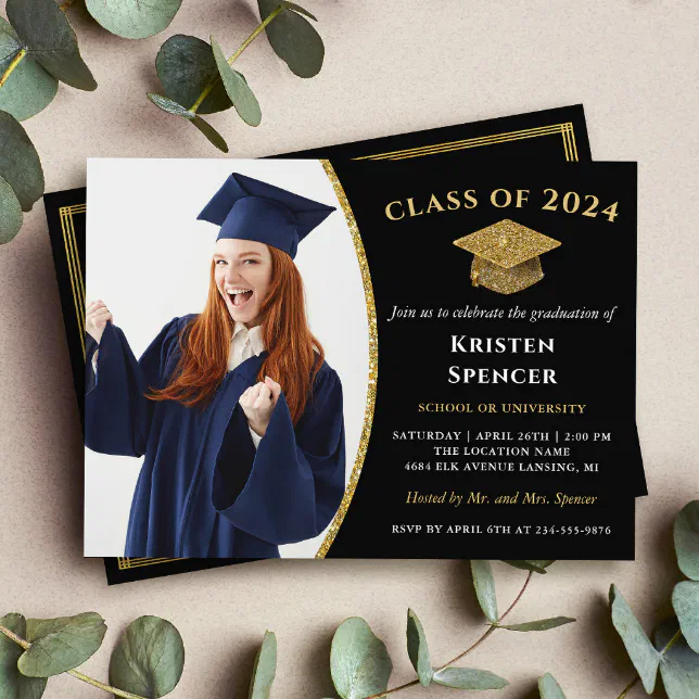 Modern Black Gold Graduate Photo Graduation Invitation | Zazzle