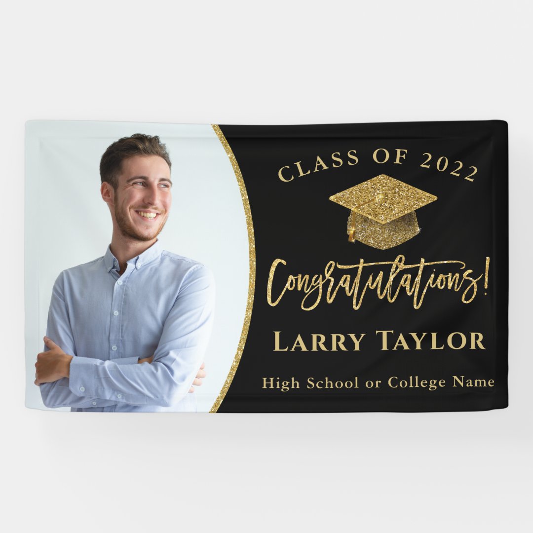 Modern Black Gold Graduate Photo Graduation Party Banner | Zazzle