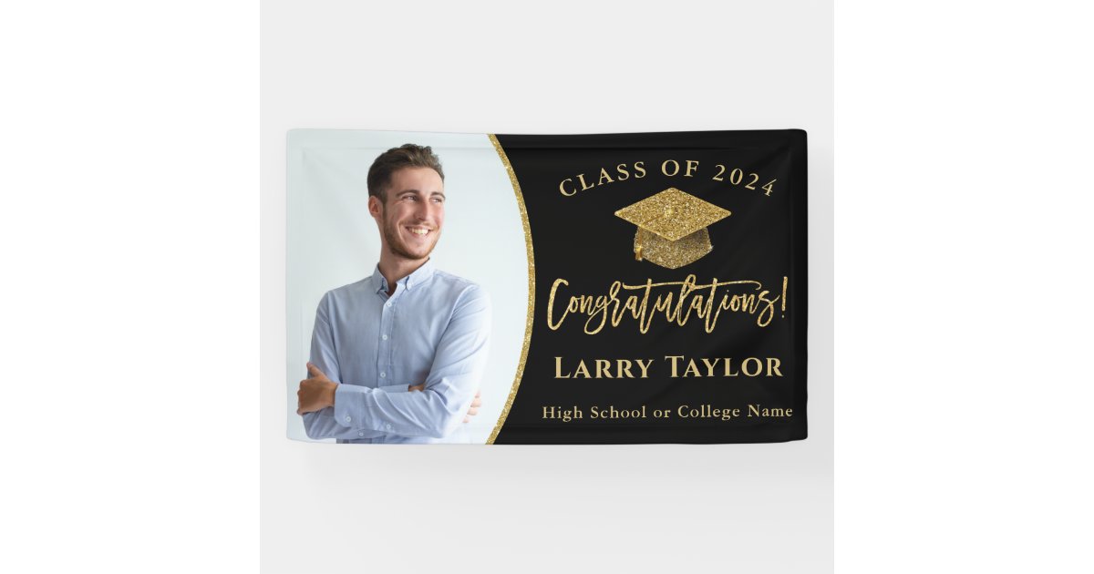 Modern Black Gold Graduate Photo Graduation Party Banner | Zazzle