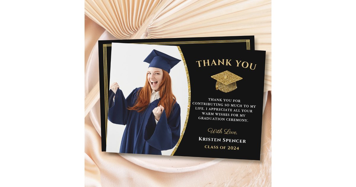 Modern Black Gold Graduate Photo Graduation Thank You Card | Zazzle