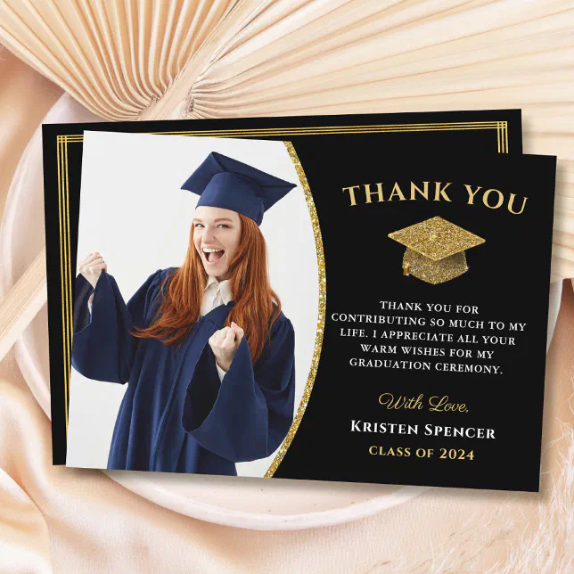 Modern Black Gold Graduate Photo Graduation Thank You Card | Zazzle