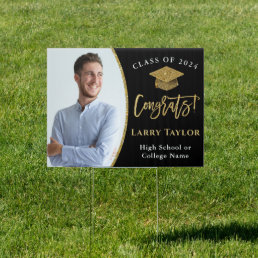 Modern Black Gold Graduate Photo Graduation Yard Sign