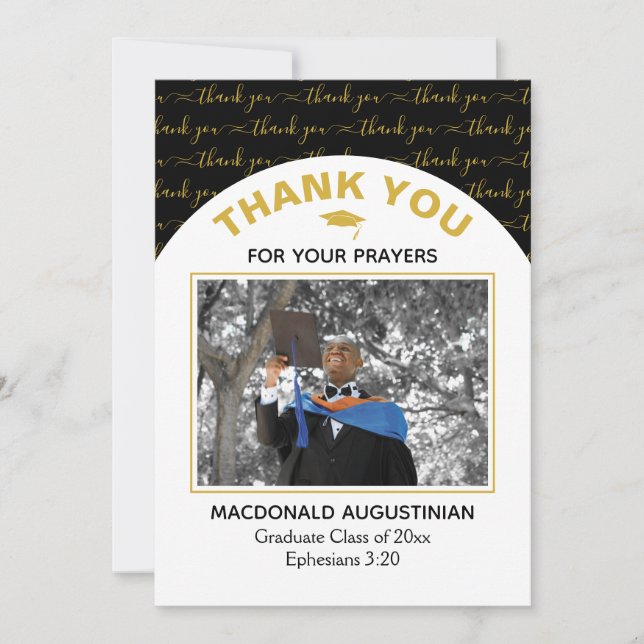 Modern Black Gold Graduate Photo Thank You Card (Front)