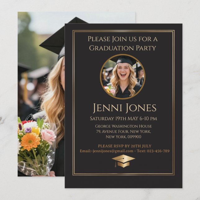 Modern Black & Gold Graduation Party Announcement (Front/Back)