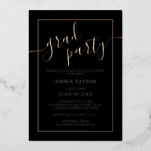 Modern Black Gold Graduation Party  Foil Invitation