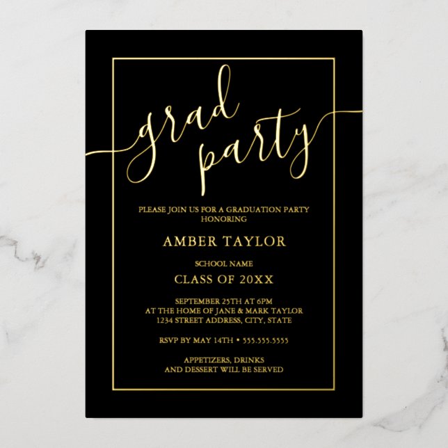 Modern Black Gold Graduation Party  Foil Invitation (Front)