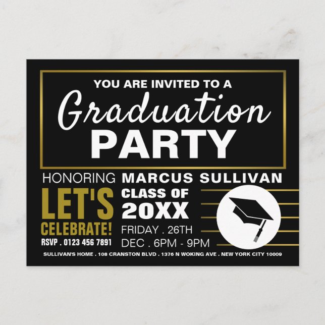 Modern Black & Gold, Graduation Party Invitation Postcard (Front)