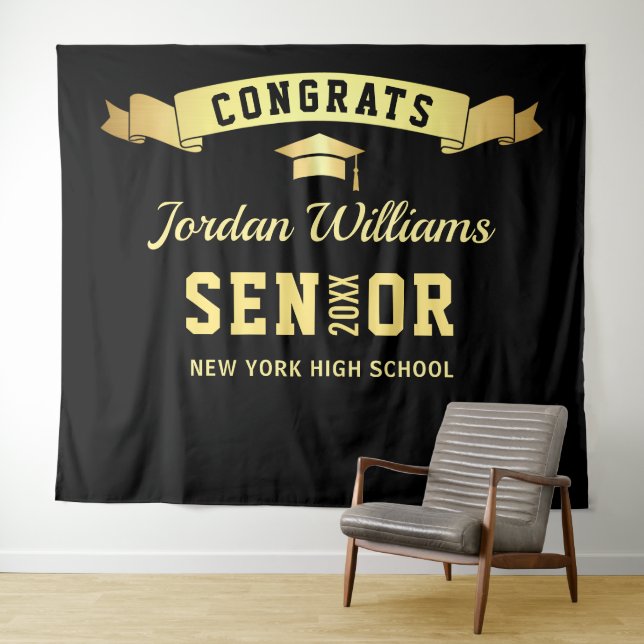 Modern Black Gold Graduation Party Photo Backdrop (In Situ (Horizontal))