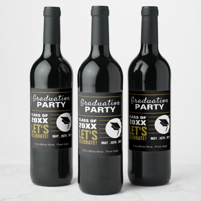 Modern Black & Gold, Graduation Party Wine Label (Bottles)