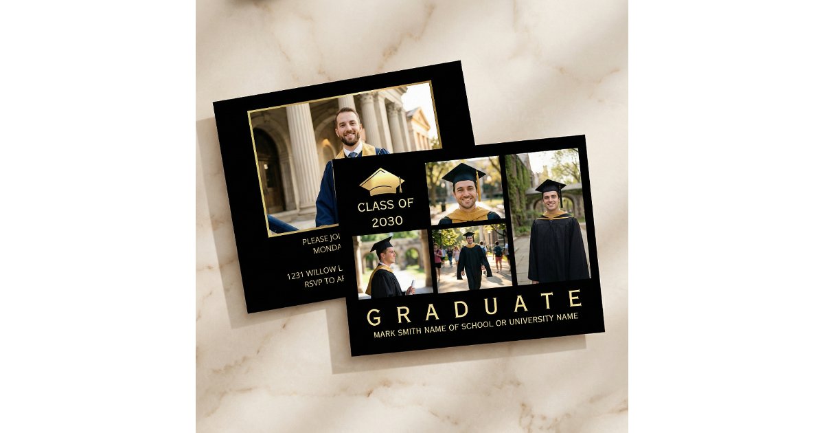 Modern Black & Gold Graduation Photo Invitation | Zazzle