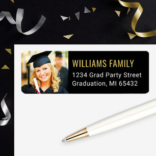 Modern Black Gold Graduation Photo Return Address Label