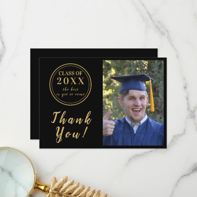 Modern Black & Gold Graduation Photo Thank You Card (Front/Back In Situ)