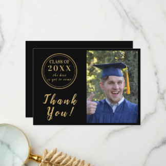 Modern Black & Gold Graduation Photo Thank You Card